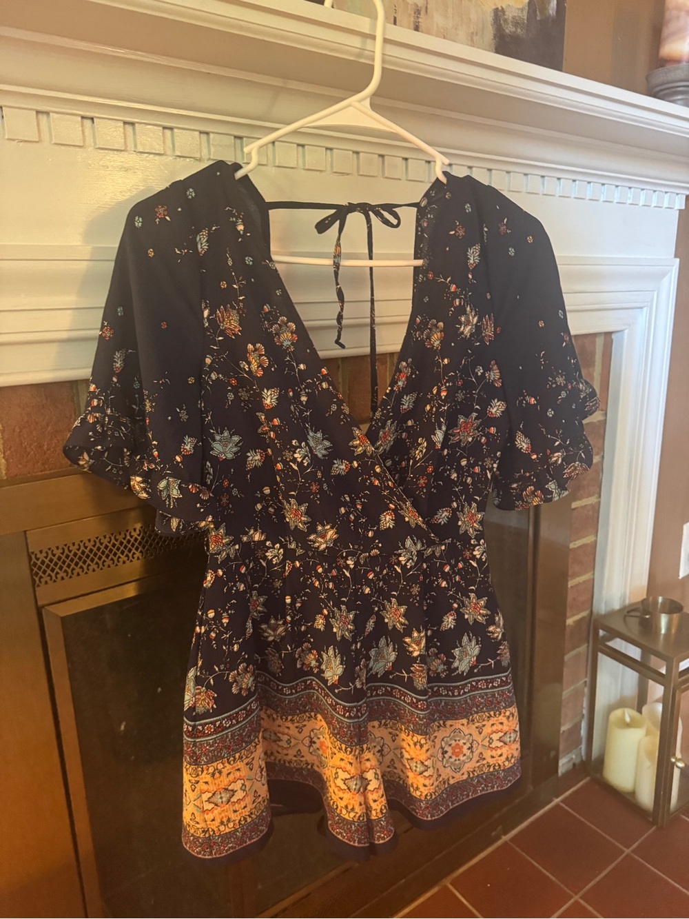 Charlotte Russe Navy Floral Short-Sleeve Romper with Orange Border